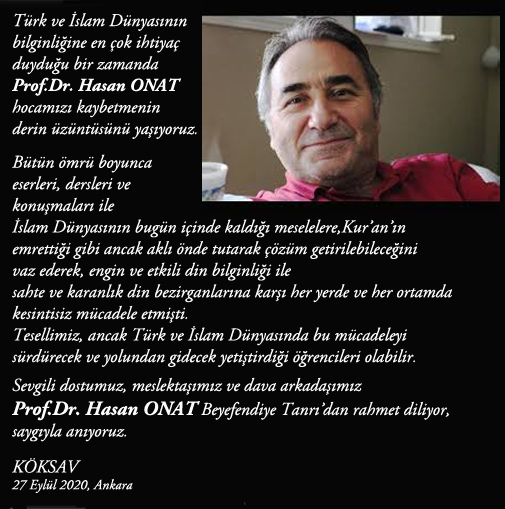 Prof.Dr. Hasan ONAT . KÖKSAV 27 Eylül 2020
